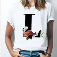 Vogue 26 litera alfabetu kobiet T-shirt dziewczyna od A do Z alfabet połączenie kwiaty Z krótkim rękawem casual koreański styl topy, Drop Ship